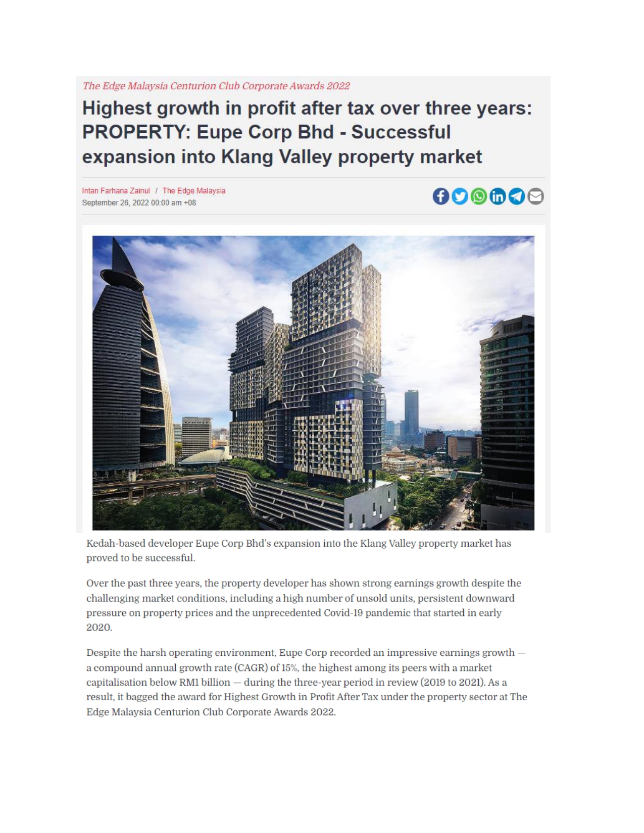 The Edge : Highest growth in profit after tax over three years: PROPERTY: Eupe Corp Bhd - Successful expansion into Klang Valley property market