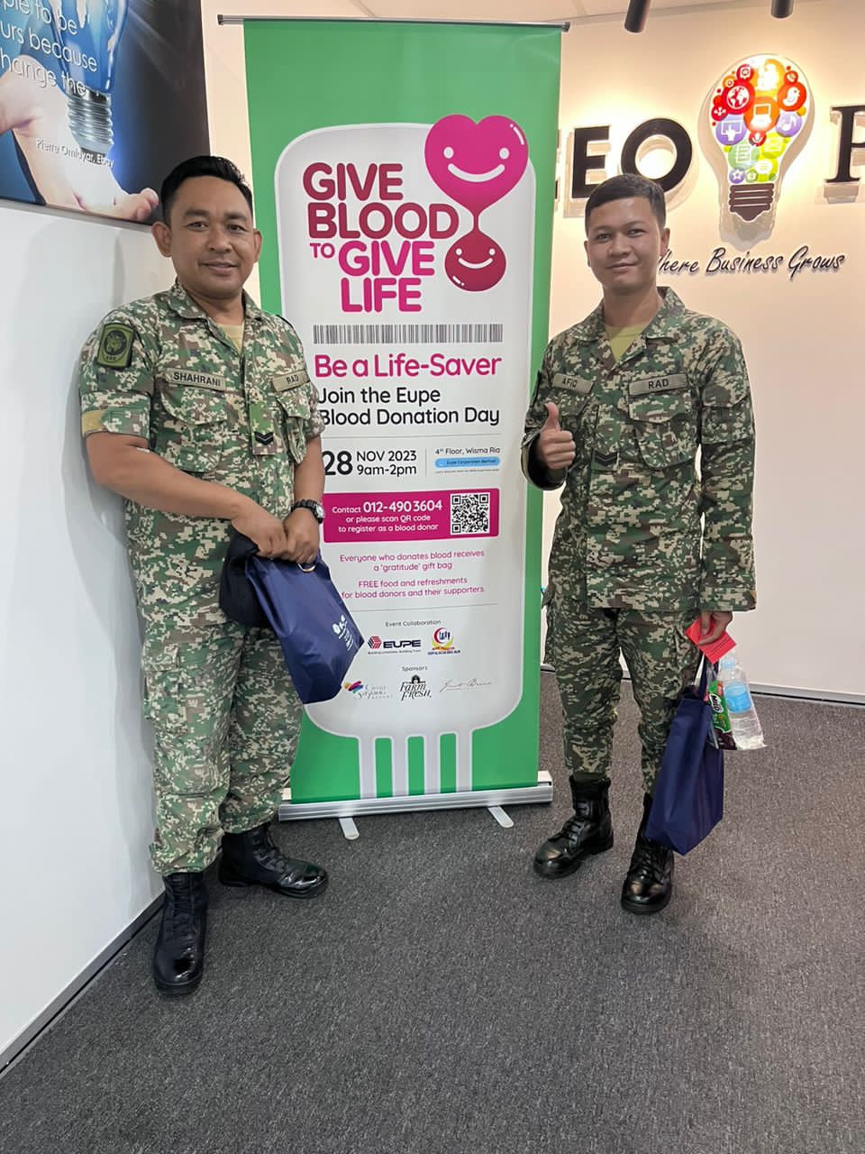 Army personnel after giving blood. 
