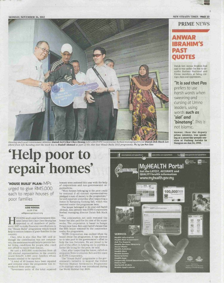 New Straits Times: Help poor to repair homes