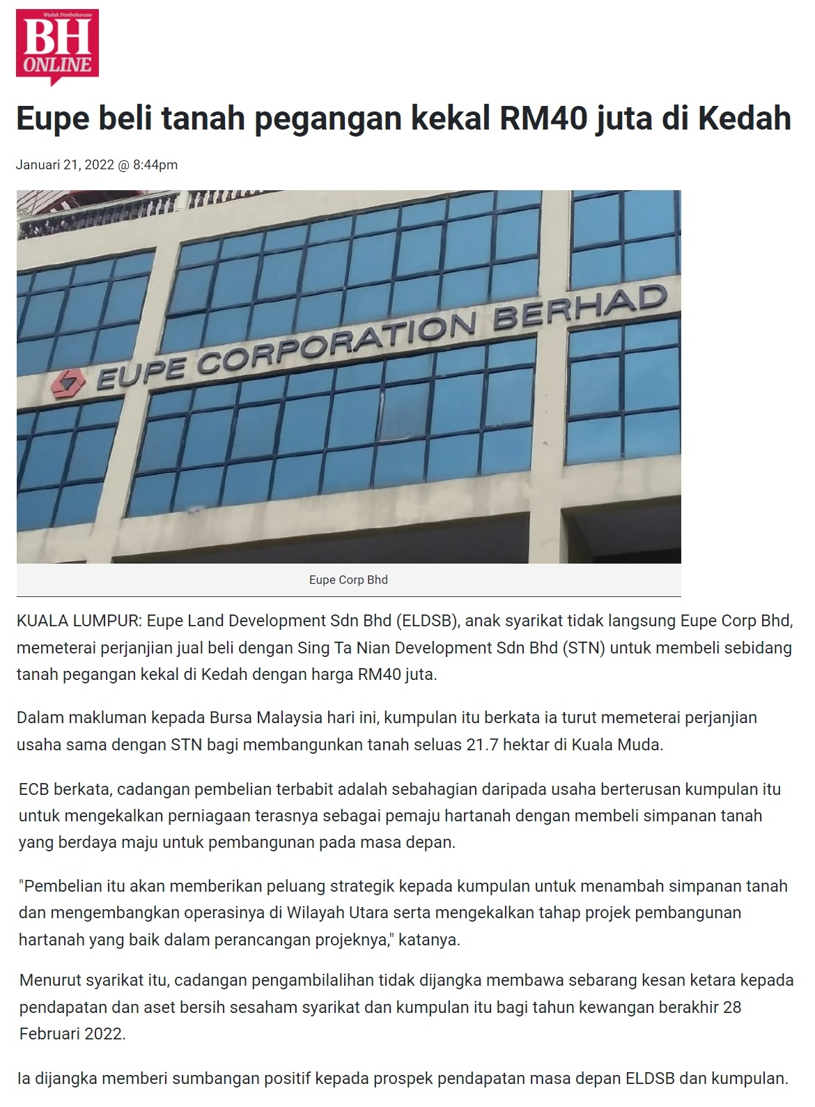 The Edge, The Star, Berita Harian : Acquisition of Freehold Land in Kedah