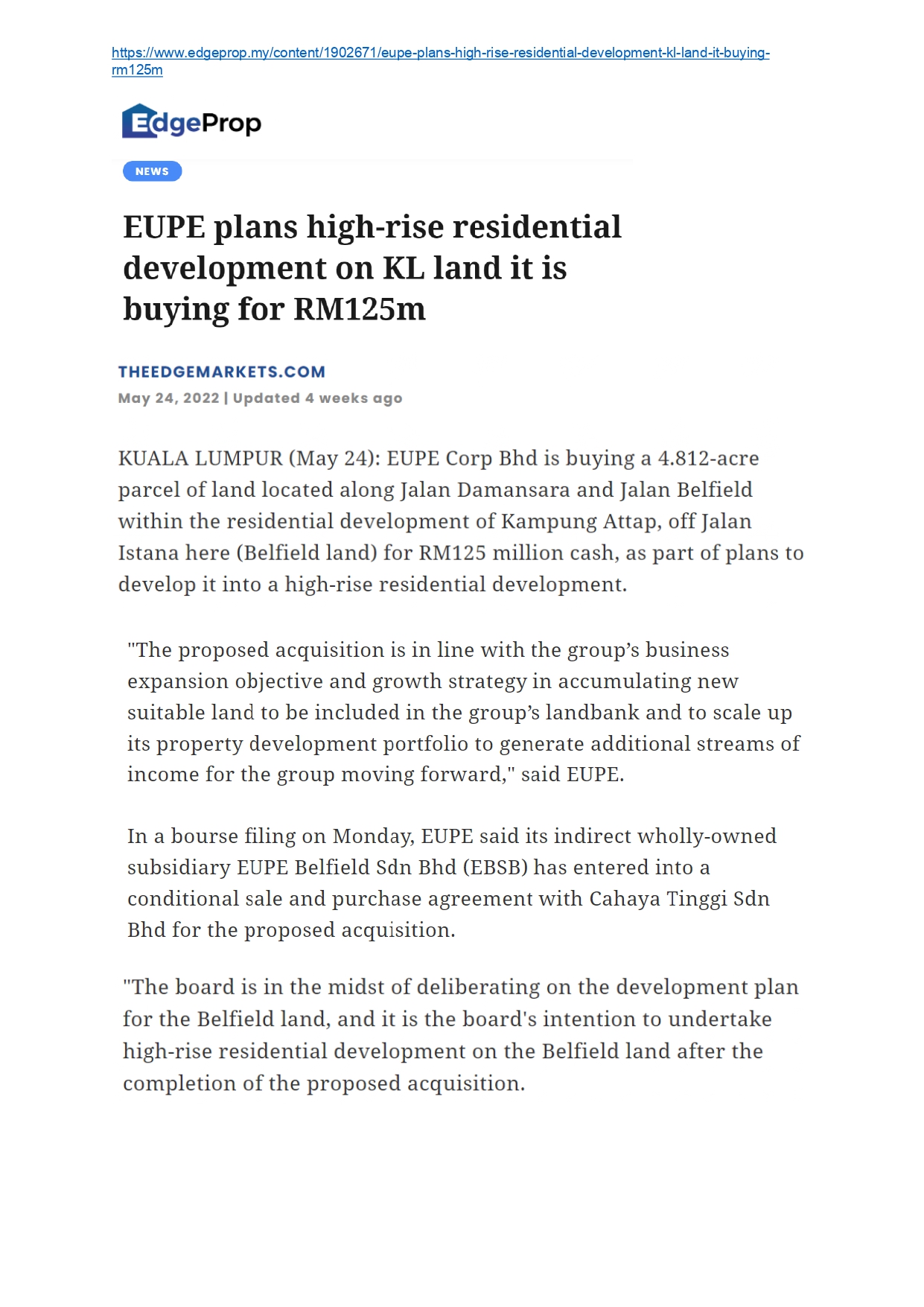 EdgeProp and NST : Proposed Acquisition in KL for High-Rise Development