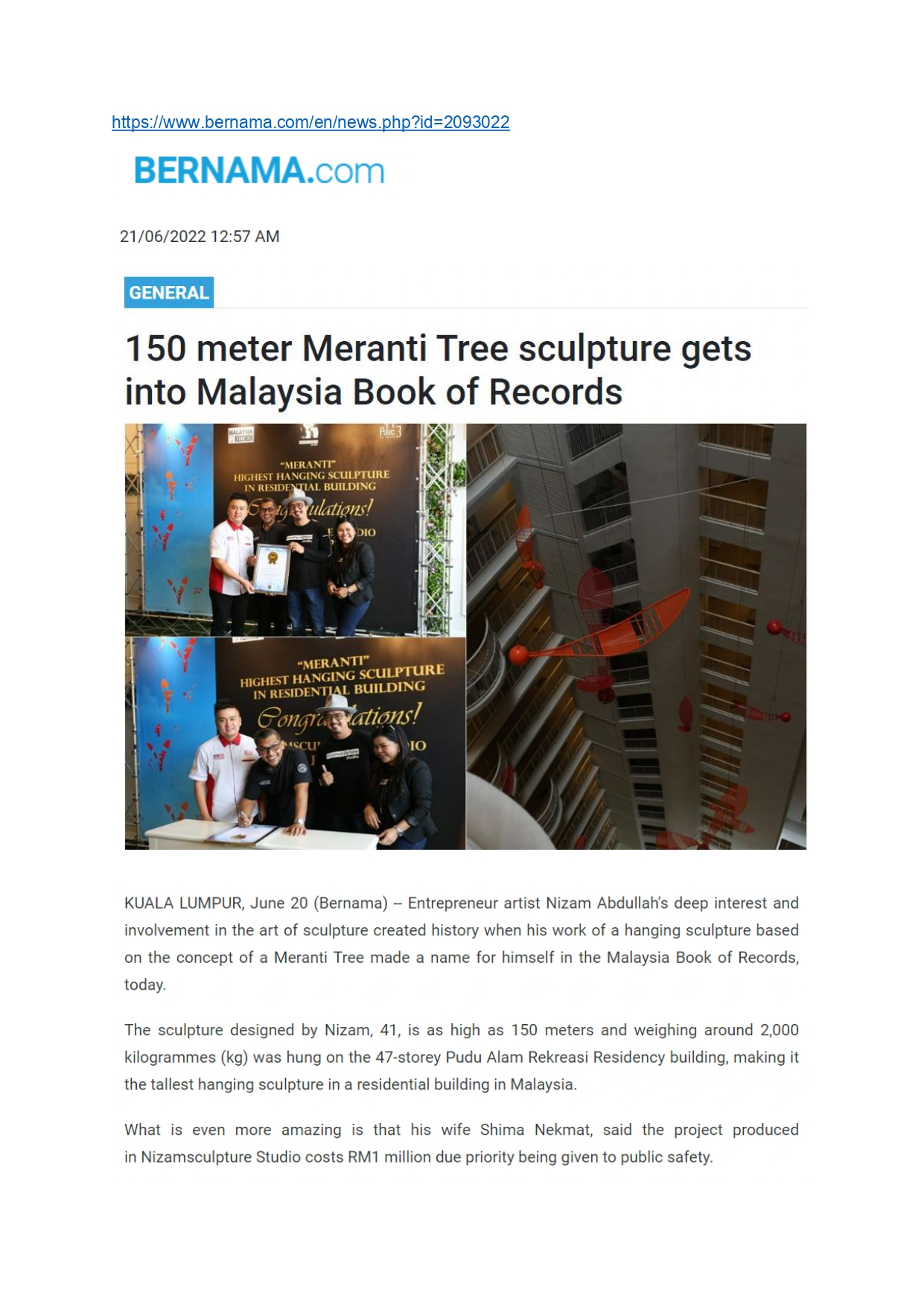 Bernama and NST : Parc3's Meranti Sculpture gets into the Malaysia Book of Records