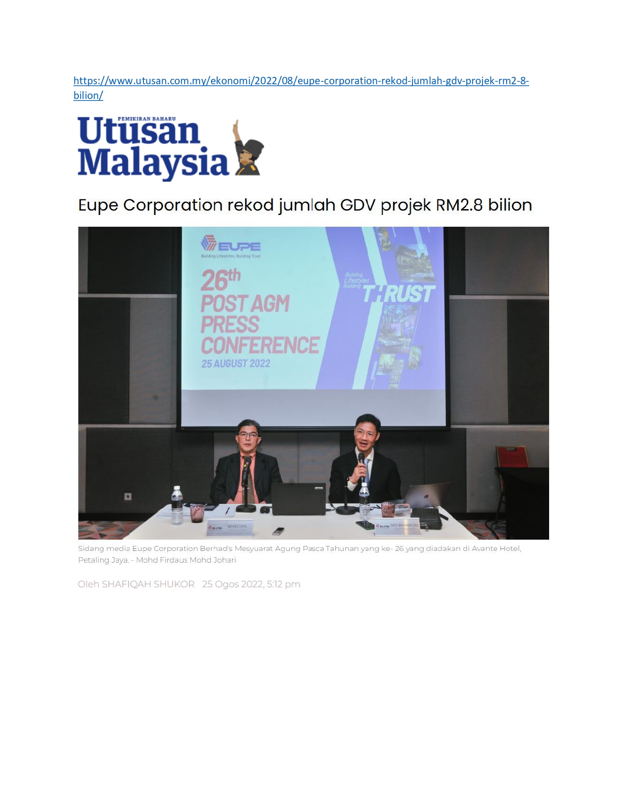 The Edge, Berita Harian, Utusan, The Sun : Eupe sees revenue rebound by FY24 amid jump in GDV of projects