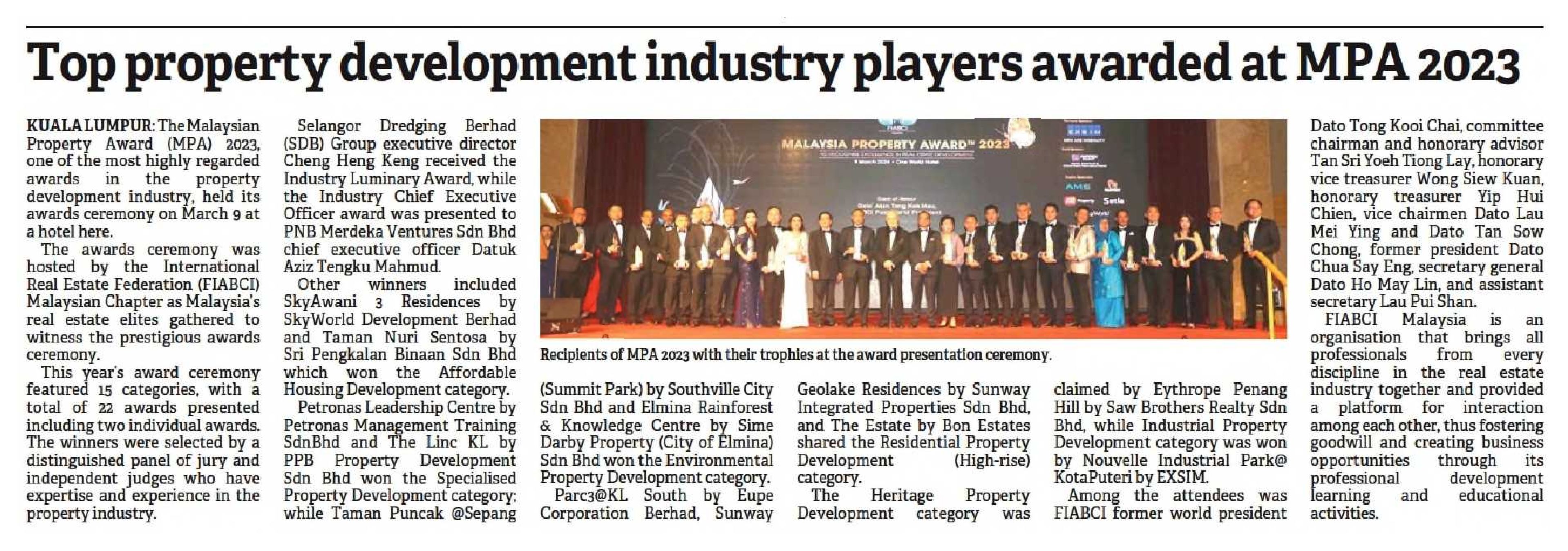 Top property development industry players awarded at MPA 2023